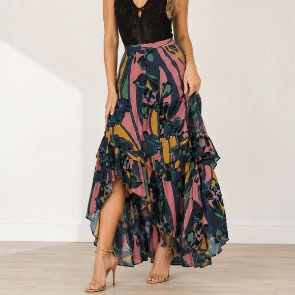 Free People Dresses & Skirts - Free People Bring Back The Summer Maxi Skirt Floral High Low Ruffle Rayon